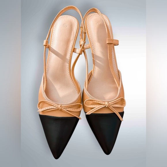 NEW Women’s 2 Tone Retro Pointy Toe Sling Back Kitten Heels Beige/Black Size 9 - Picture 1 of 15
